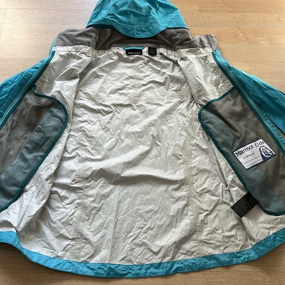 Marmot Kids Aqua Blue Lightweight Rain Jacket Youth XL Hood Zippered Pockets - Picture 4 of 9